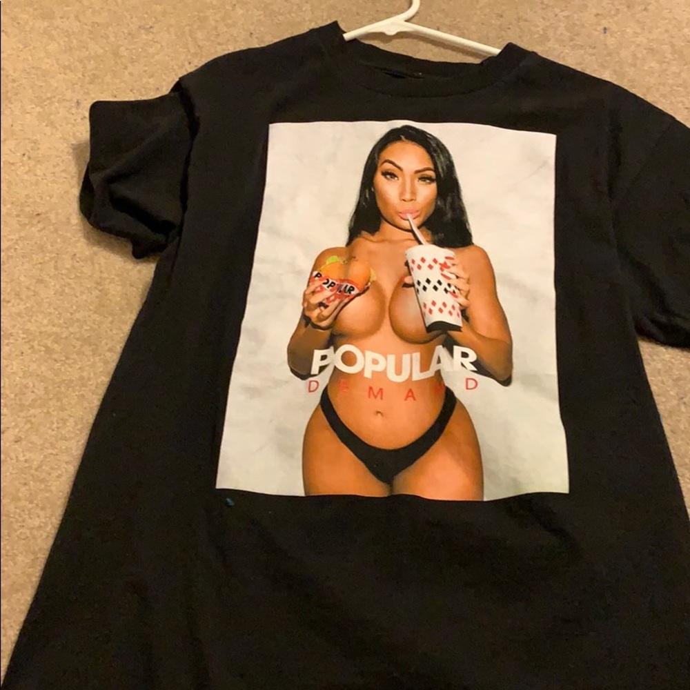 black popular demand shirt with woman on it